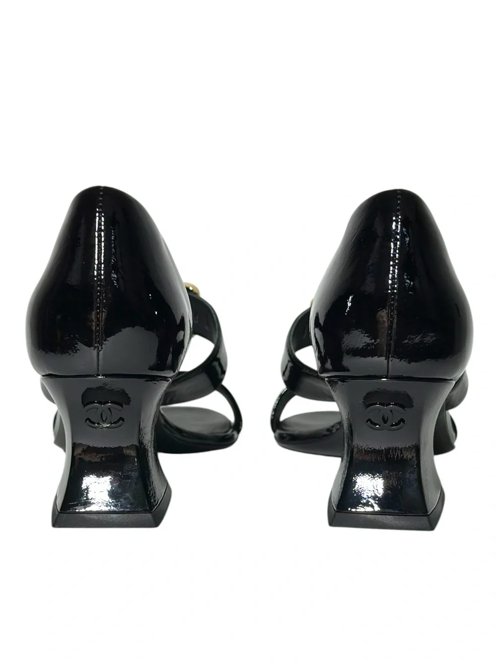 CHANEL Black Patent Goatskin 2022 22S Curved Block Heel Sandal size 36 Authentic